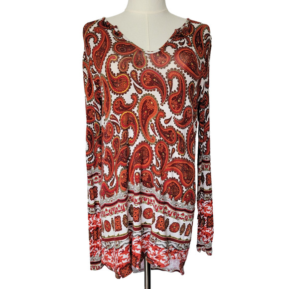 Lucy & Laurel Paisley Fall Colors Retro Stretch Tunic Women S 70's Causal Groovy - Picture 1 of 9